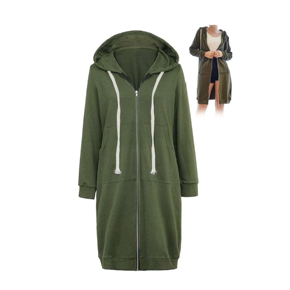 Unbranded Longline Zip Up Hoodie Women Small Olive Green Fleece Lined Sweatshirt